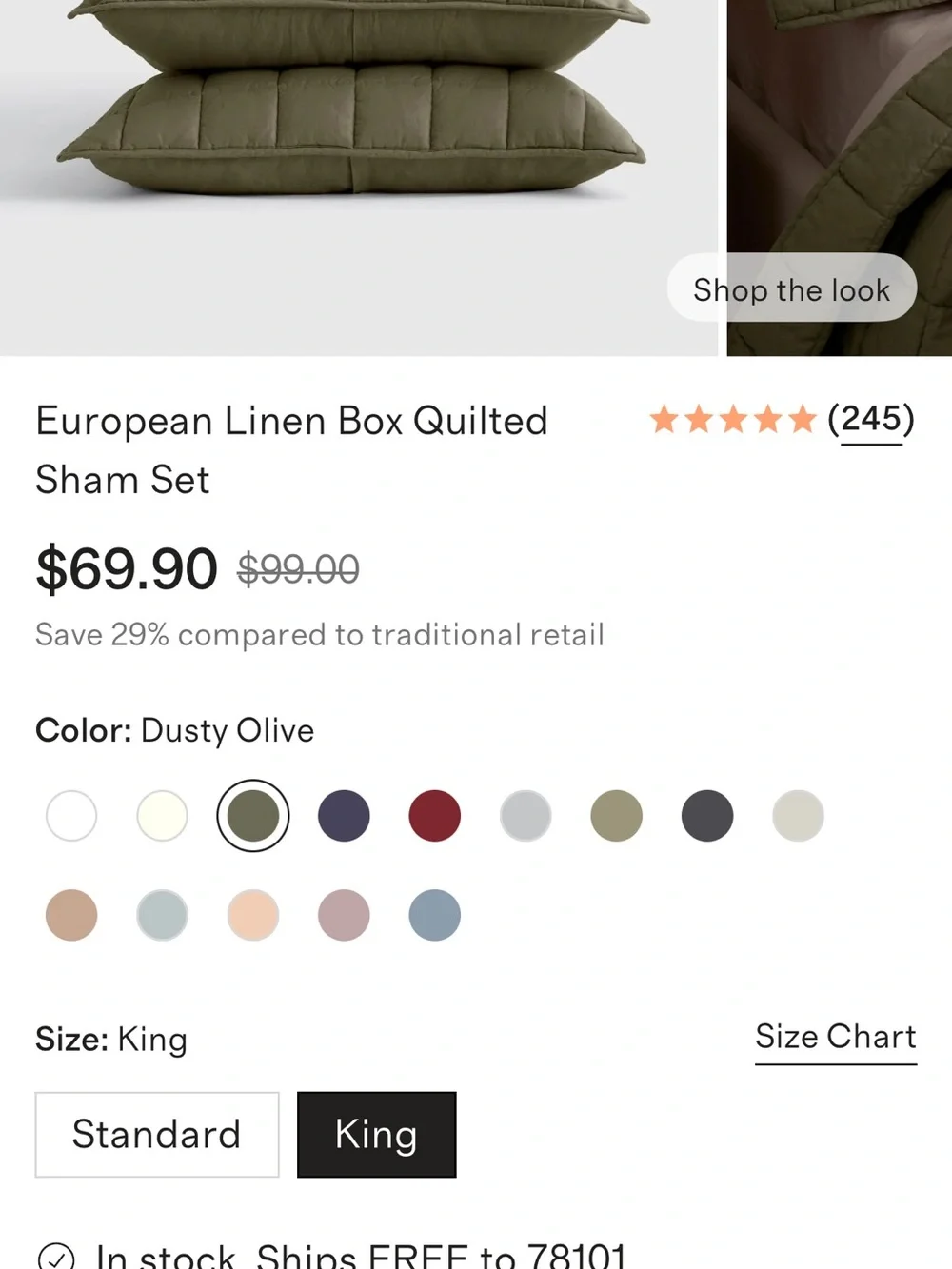 NWOT Dusty Olive European Linen Box King Sham Set - Retail $70